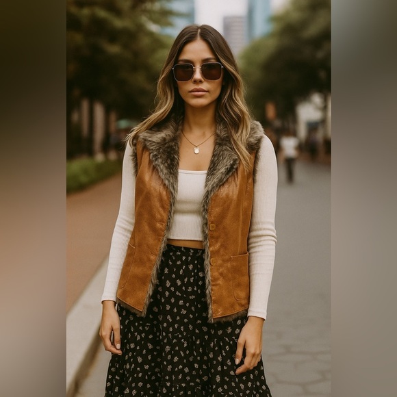 Boho Chic Leather Vest Faux Fur Trim Western Festival Layering Fall Piece PLarge - Picture 4 of 16